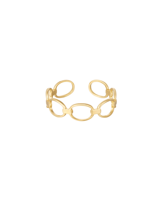 Goudkleurige ring in de vorm van een ketting. De ring is verstelbaar, roestvrijstal en nikkelvrij.