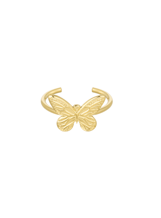 Goudkleurige verstelbare ring met vlinder. roestvrijstaal en nikkelvrij.