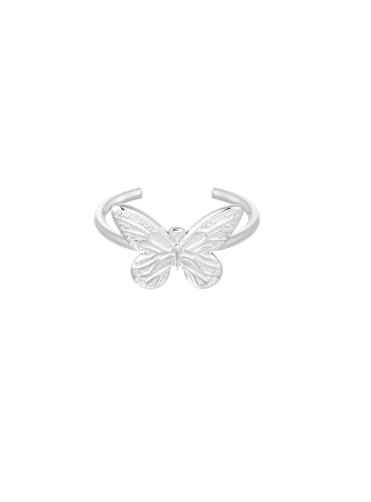 Zilverkleurige verstelbare ring met vlinder. roestvrijstaal en nikkelvrij.